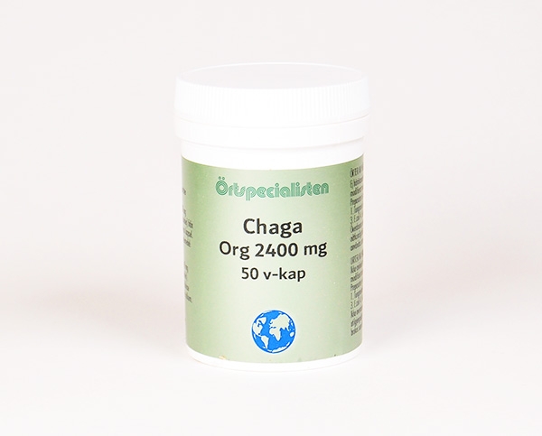 Tørket ekstrakt av organisk dyrket Chaga. Boksen inneholder 50 kapsler. Anbefalt dagsdose: 2 kapsler 