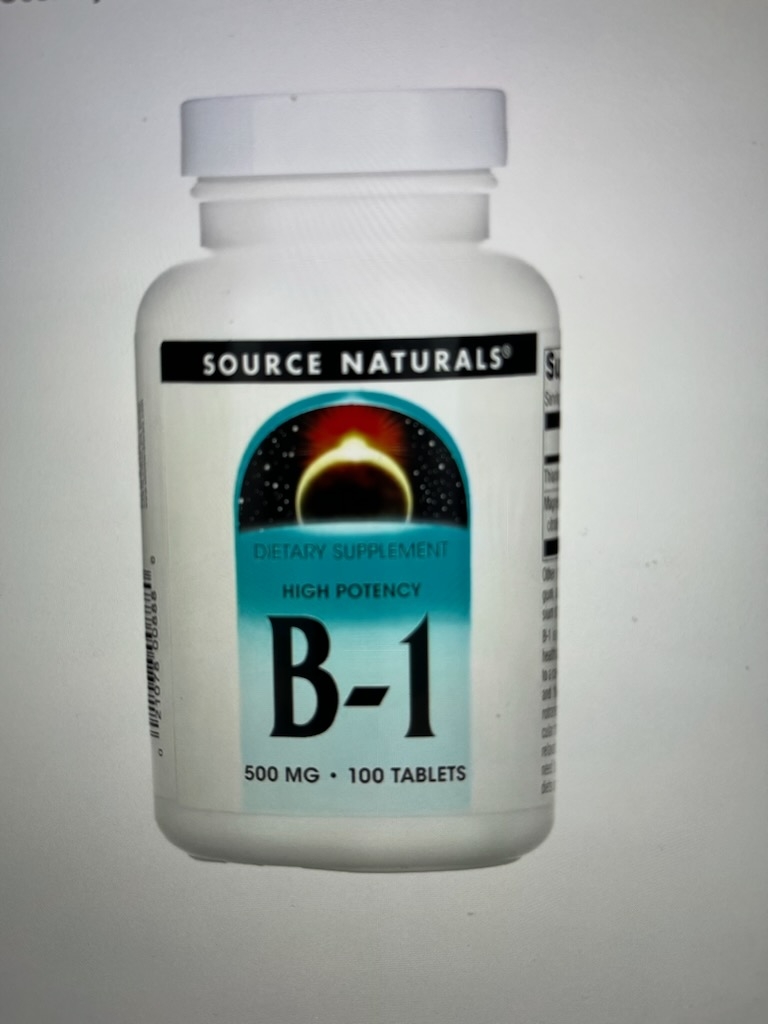 B1- fra Source Naturals med hele 500 mg per tablett.  Hver boks inneholder 100 tablett.

