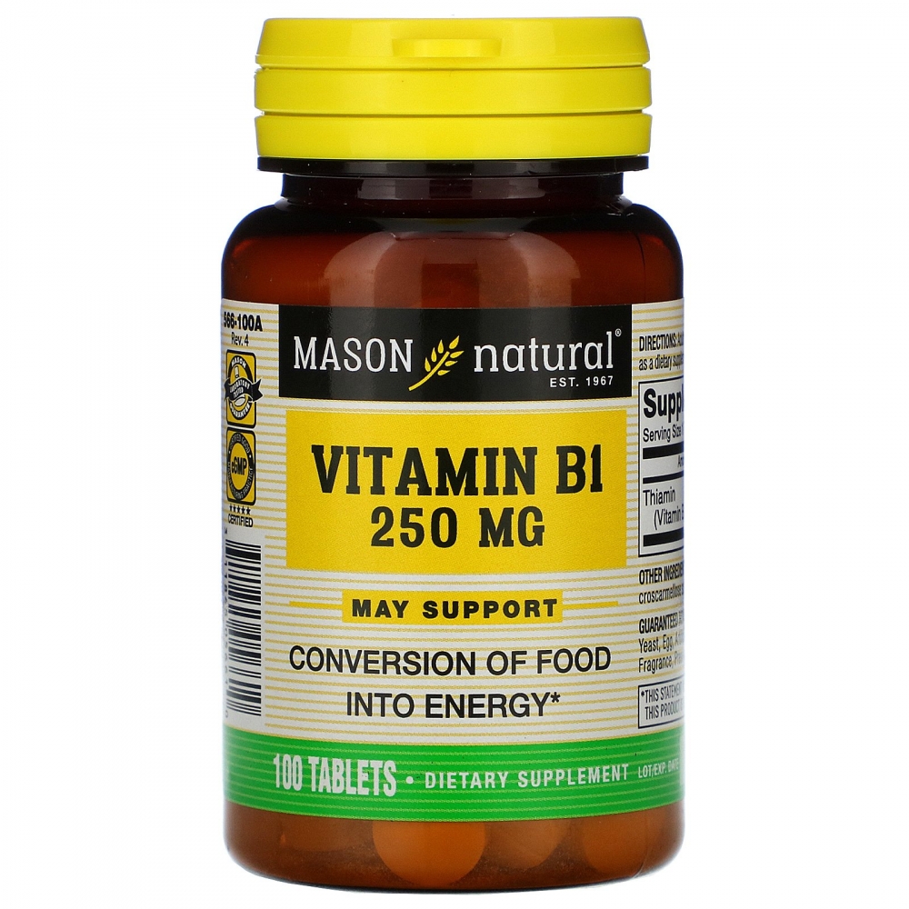 Mason Natural, Vitamin B-1, med hele 250 mg pr. tablett.  Boksen innholder 100 tabletter.