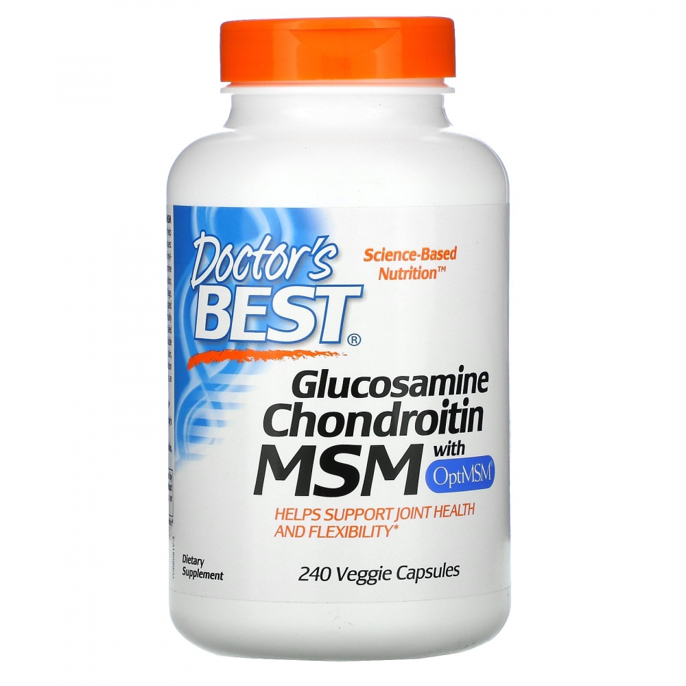Glucosamine-Chondroitin sulafat og MSM fra Doctors Best. Boksen inneholder 240 vegetabilske kapsler som utgjør 60 dagsdoser.