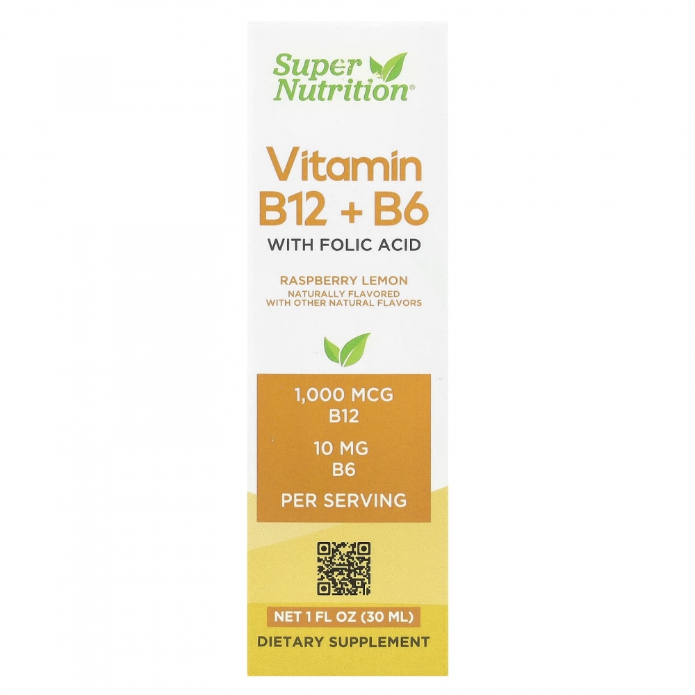Super Nutrition, vitamin B12 som metylkobalamin med vitamin B6 og folsyre, bringebær-sitron, 30 ml